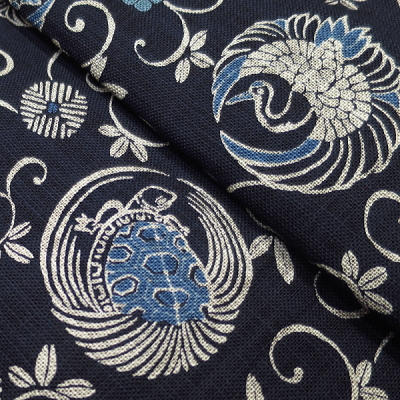 義若オリジナルのダボシャツ　鯉口シャツ　鶴亀と唐草（紺）